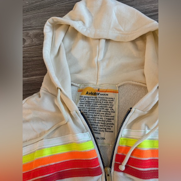SOLD Aviator Nation: 5 STRIPE HOODIE & WIDE LEG SWEATPANTS -VINTAGE WHITE NEON - Picture 5 of 10